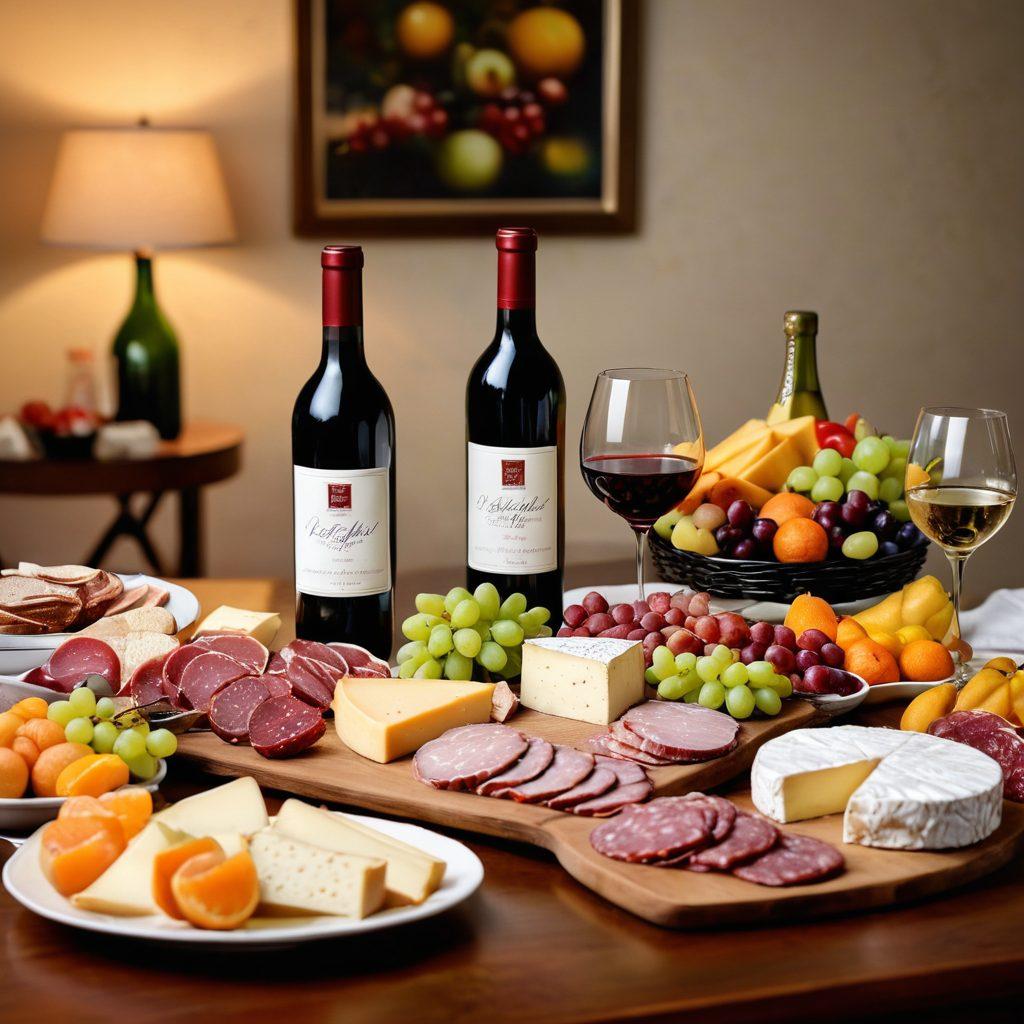 A beautifully arranged table set for a celebration, featuring an array of bottles of wine alongside gourmet food pairings like cheese, fruits, and charcuterie. Soft candlelight flickers create a warm, inviting atmosphere. Vibrant splashes of color from the food and wine label designs capture the essence of joy in celebration. The background should hint at a festive ambiance with subtle decorations. 3D. vibrant colors.