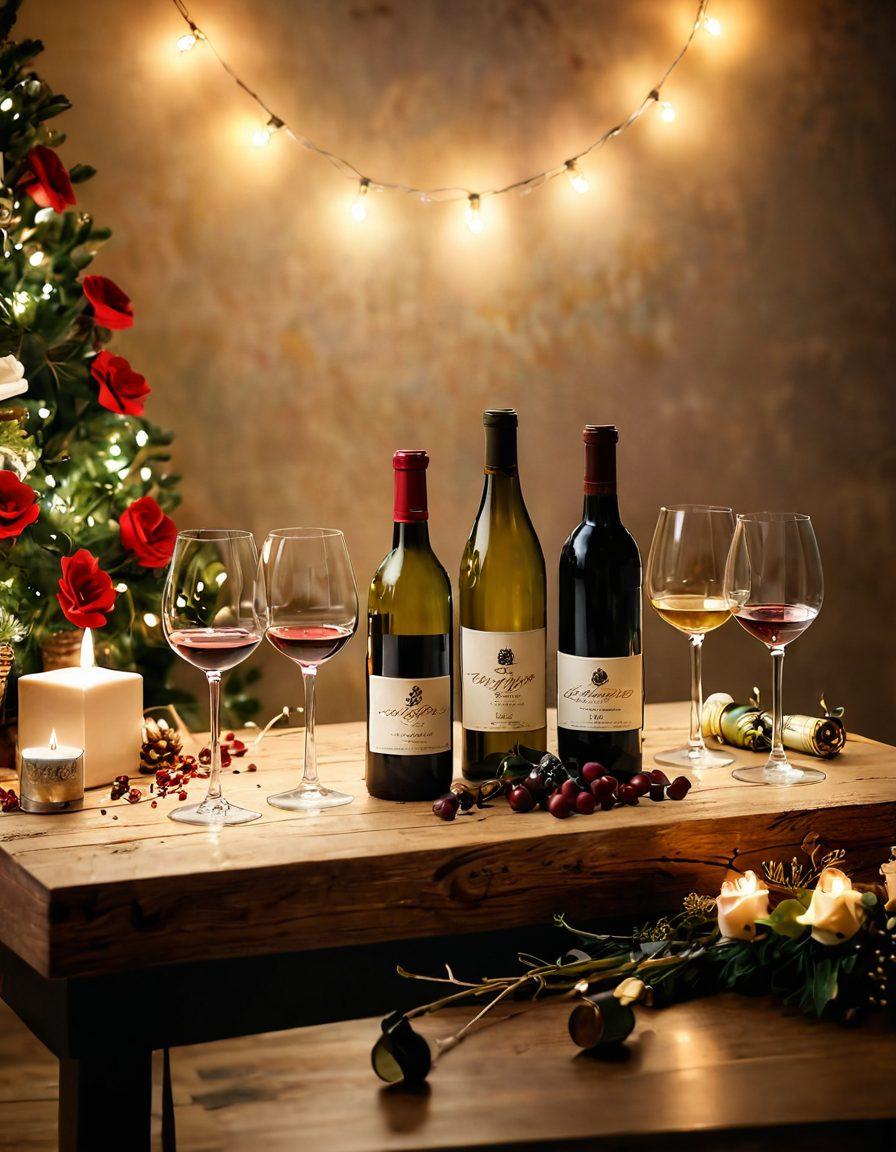 A beautifully arranged wine tasting setup with an elegant table featuring various wine bottles and glasses, complemented by festive decorations like flowers, twinkling fairy lights, and various holiday gifts surrounding it. A warm, inviting atmosphere with a backdrop of soft colors that evoke happiness and celebration. super-realistic. vibrant colors. cozy ambiance.