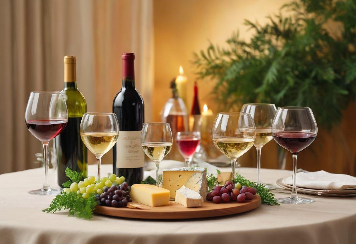 A beautifully arranged table set for a sophisticated wine tasting, featuring a variety of elegant wine glasses, colorful bottles of different wines, and gourmet cheese pairings. Soft, warm lighting enhances the inviting atmosphere, with lush greenery in the background. Include hints of celebration with party decorations such as small candles and elegant place settings. vivid colors. super-realistic.